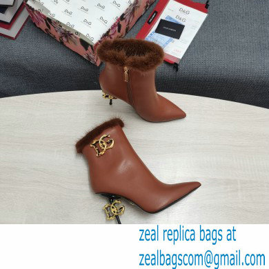 Dolce  &  Gabbana Mink Fur Thin Heel 10.5cm Leather Ankle Boots Brown with Baroque DG Heel 2021